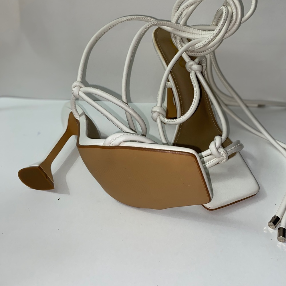 White strap up heels